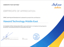 SABIC certificate of appreciation for Haward Technology in recognition of their distinguished efforts and contribution in arranging training programs during 2017 and 2018